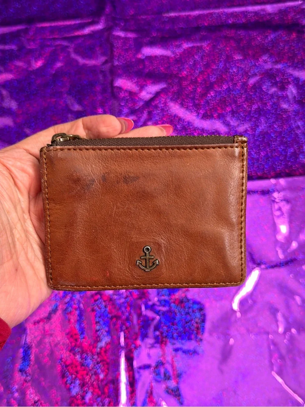 Brown Leather Card Wallet Keychain with Anchor Accent